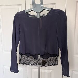 Wilfred Navy Long Sleeve Blouse with Lace Hem